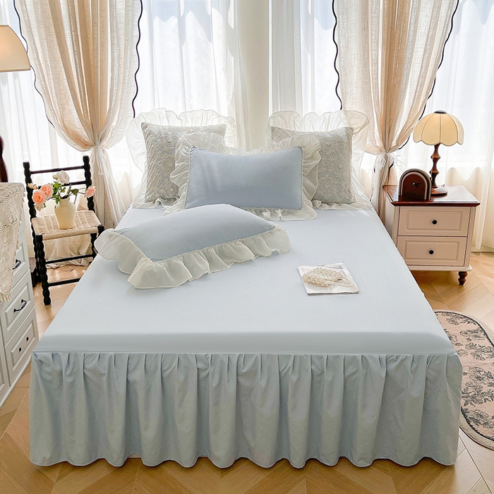 91家纺网 家纺一手货源 找家纺 鼎丰家纺 2025新款立体蕾丝雪纺花边四件套-月光花园系列 月光花园-浅蓝