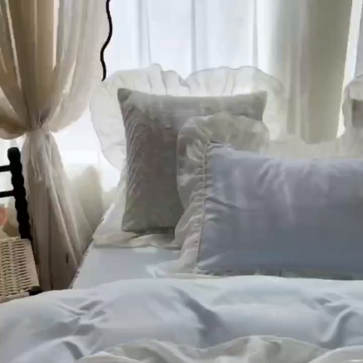 91家纺网 家纺一手货源 找家纺 鼎丰家纺 2025新款立体蕾丝雪纺花边四件套-月光花园系列 月光花园-浅蓝