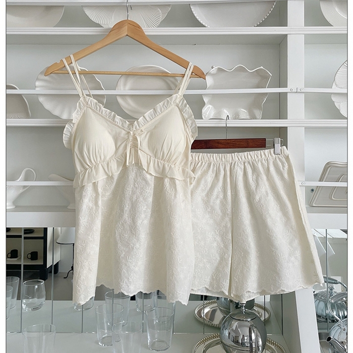 91家纺网 家纺一手货源 找家纺 （总）妍景家居生活馆 2025新款韩系花边蝴蝶结吊带套装