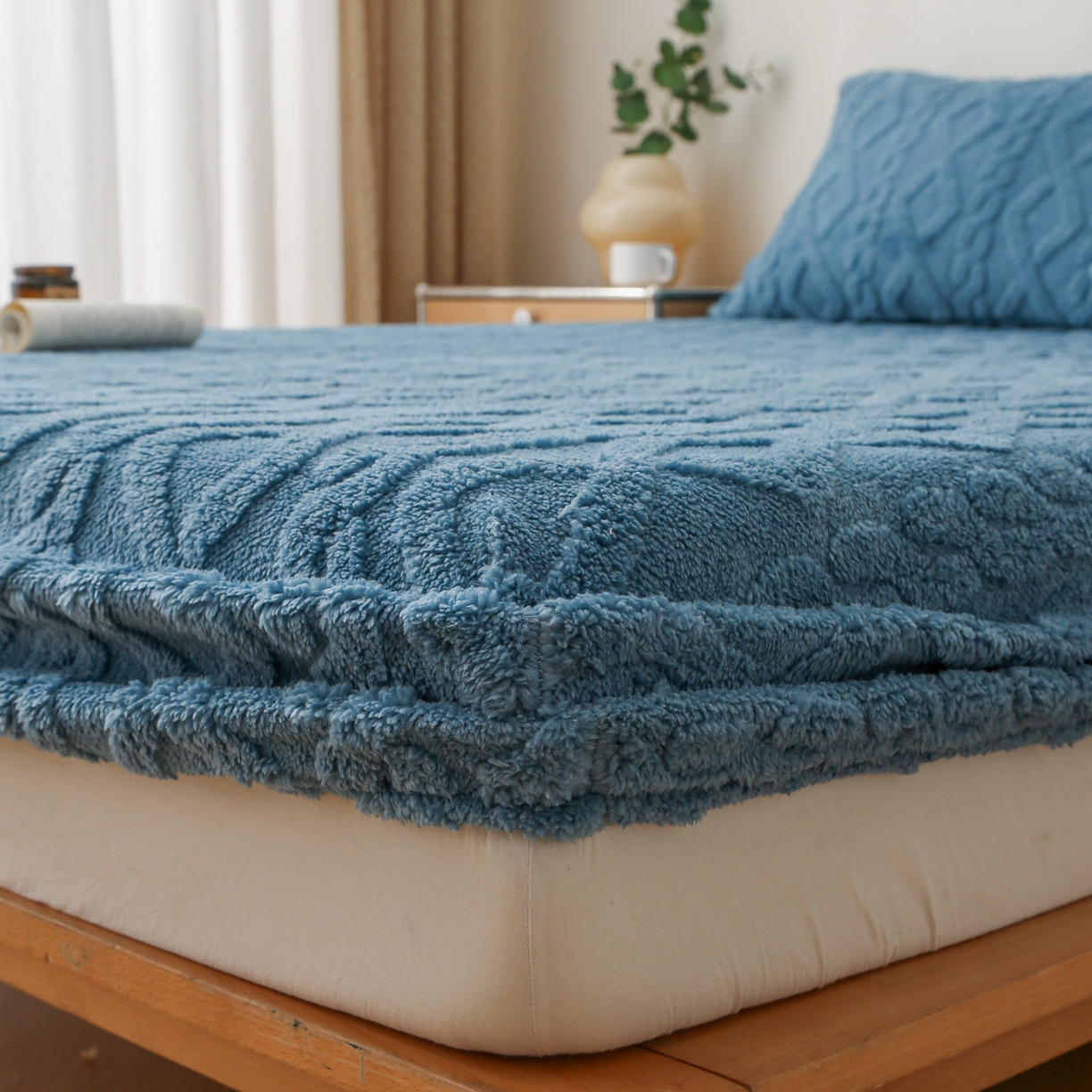 91家纺网 家纺一手货源 找家纺 亚龙工厂店 2025新款亲肤舒适塔肤绒床笠三件套 蓝色