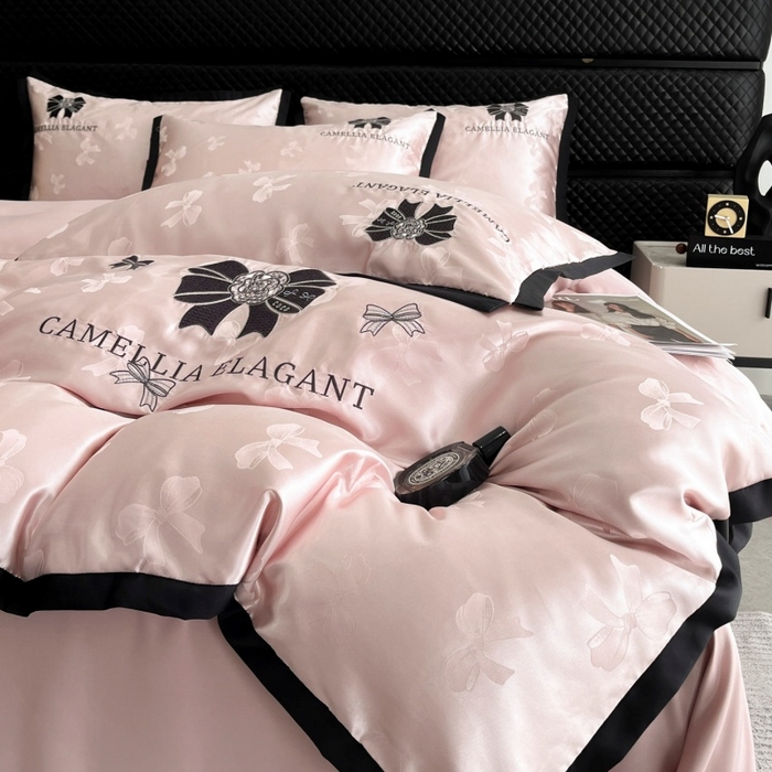 91家纺网 家纺一手货源 找家纺 金牛座家纺 2025新款贡缎提花磨毛亲肤棉刺绣四件套-蝴蝶结 蝴蝶结-豆沙粉