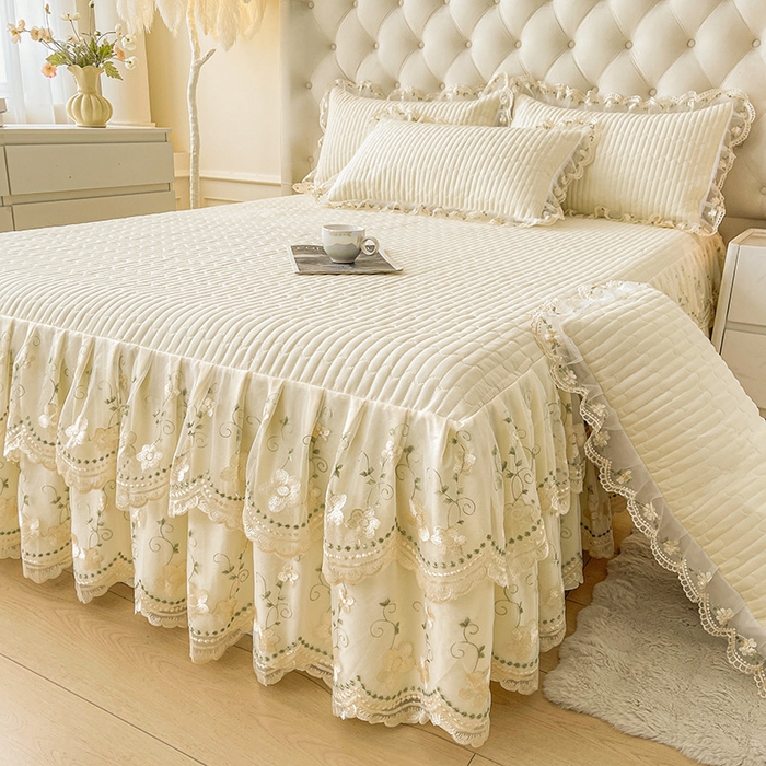 91家纺网 家纺一手货源 找家纺 予梦家纺 2025新款夹棉床裙单床裙单品床裙单件床裙-晨曦 晨曦-奶油黄