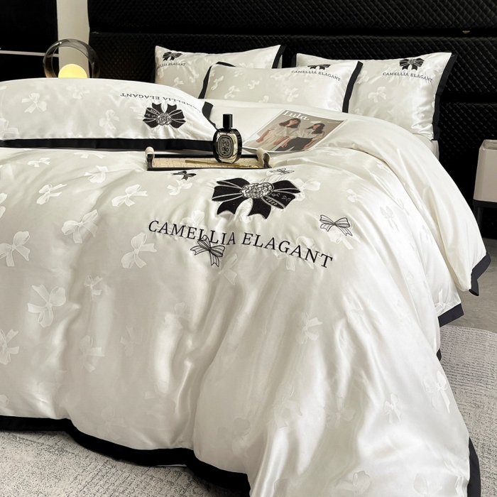 91家纺网 家纺一手货源 找家纺 金牛座家纺 2025新款贡缎提花磨毛亲肤棉刺绣四件套-蝴蝶结 蝴蝶结-奶白