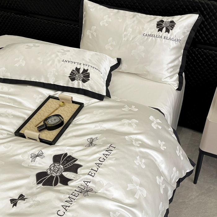 91家纺网 家纺一手货源 找家纺 金牛座家纺 2025新款贡缎提花磨毛亲肤棉刺绣四件套-蝴蝶结 蝴蝶结-奶白