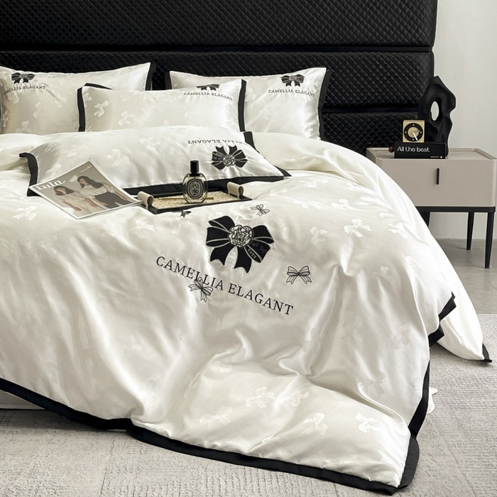 91家纺网 家纺一手货源 找家纺 金牛座家纺 2025新款贡缎提花磨毛亲肤棉刺绣四件套-蝴蝶结 蝴蝶结-奶白