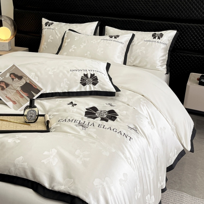 91家纺网 家纺一手货源 找家纺 金牛座家纺 2025新款贡缎提花磨毛亲肤棉刺绣四件套-蝴蝶结 蝴蝶结-奶白