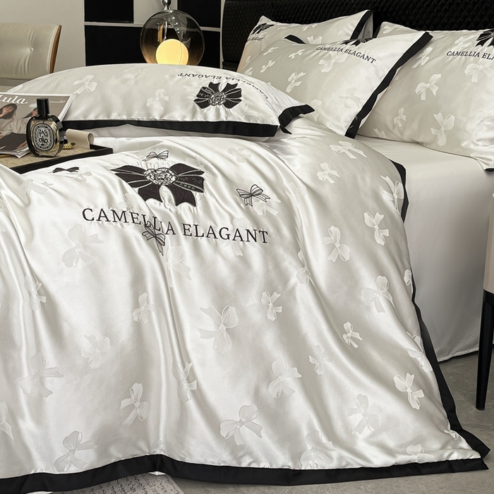 91家纺网 家纺一手货源 找家纺 金牛座家纺 2025新款贡缎提花磨毛亲肤棉刺绣四件套-蝴蝶结 蝴蝶结-奶白