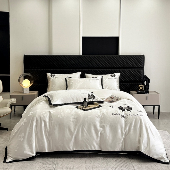 91家纺网 家纺一手货源 找家纺 金牛座家纺 2025新款贡缎提花磨毛亲肤棉刺绣四件套-蝴蝶结 蝴蝶结-奶白