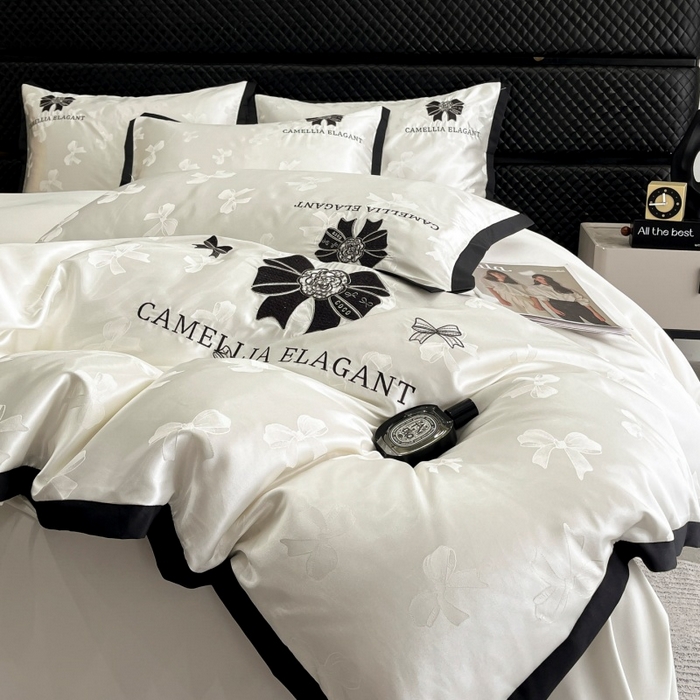 91家纺网 家纺一手货源 找家纺 金牛座家纺 2025新款贡缎提花磨毛亲肤棉刺绣四件套-蝴蝶结 蝴蝶结-奶白