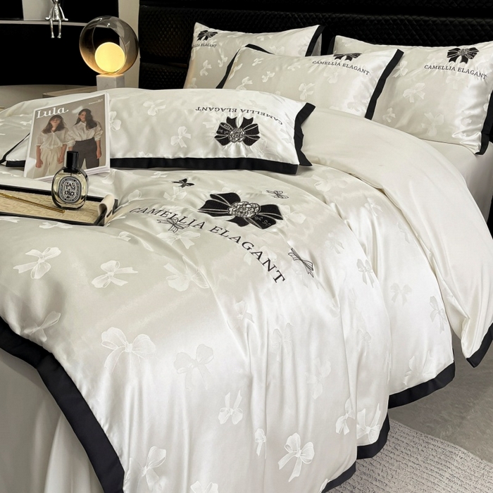 91家纺网 家纺一手货源 找家纺 金牛座家纺 2025新款贡缎提花磨毛亲肤棉刺绣四件套-蝴蝶结 蝴蝶结-奶白