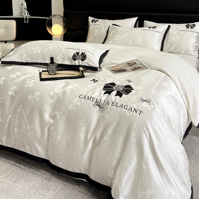 91家纺网 家纺一手货源 找家纺 金牛座家纺 2025新款贡缎提花磨毛亲肤棉刺绣四件套-蝴蝶结 蝴蝶结-奶白