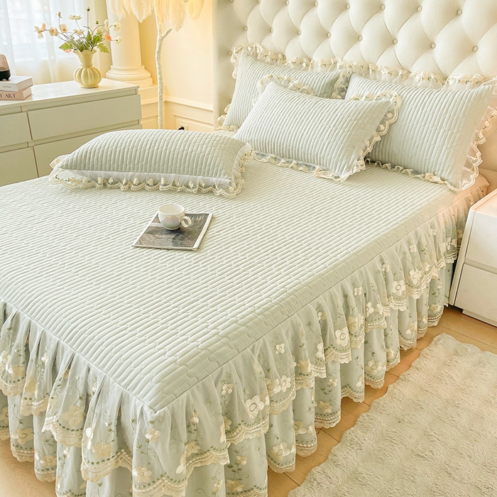 91家纺网 家纺一手货源 找家纺 予梦家纺 2025新款夹棉床裙单床裙单品床裙单件床裙-晨曦 晨曦-嫩绿