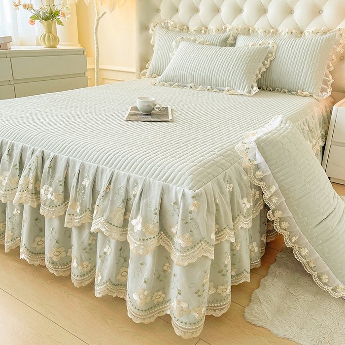 91家纺网 家纺一手货源 找家纺 予梦家纺 2025新款夹棉床裙单床裙单品床裙单件床裙-晨曦 晨曦-嫩绿