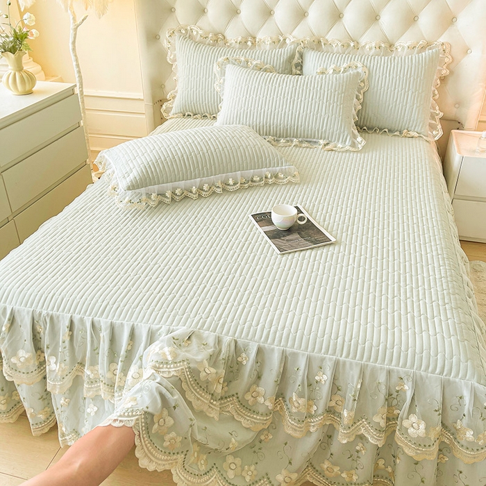 91家纺网 家纺一手货源 找家纺 予梦家纺 2025新款夹棉床裙单床裙单品床裙单件床裙-晨曦 晨曦-嫩绿