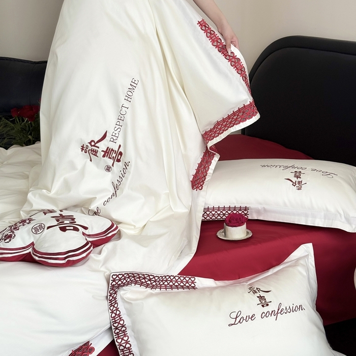 91家纺网 家纺一手货源 找家纺 （总）江涞 2025新款长绒棉纯棉镂空刺绣四件套-欢喜