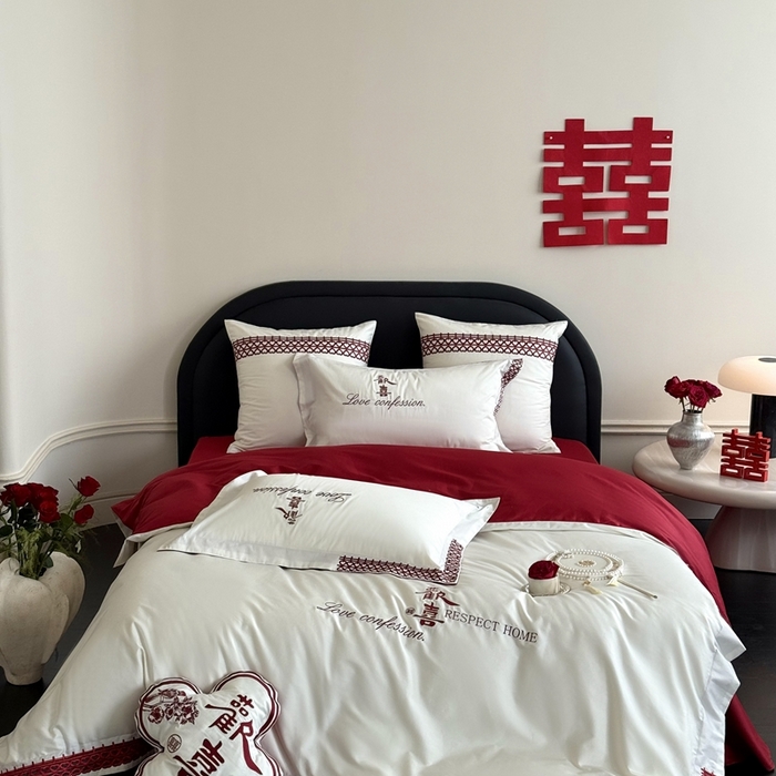 91家纺网 家纺一手货源 找家纺 （总）江涞 2025新款长绒棉纯棉镂空刺绣四件套-欢喜