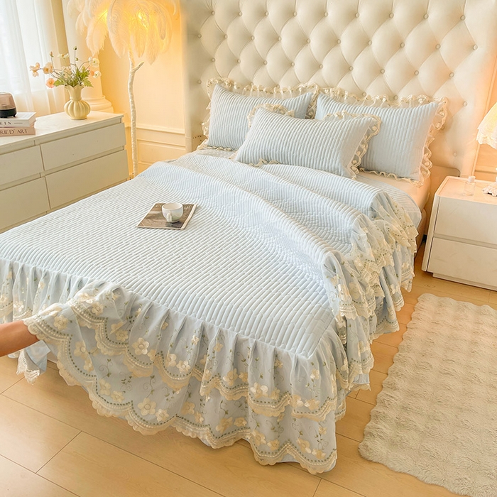 91家纺网 家纺一手货源 找家纺 予梦家纺 2025新款夹棉床裙单床裙单品床裙单件床裙-晨曦 晨曦-清新蓝