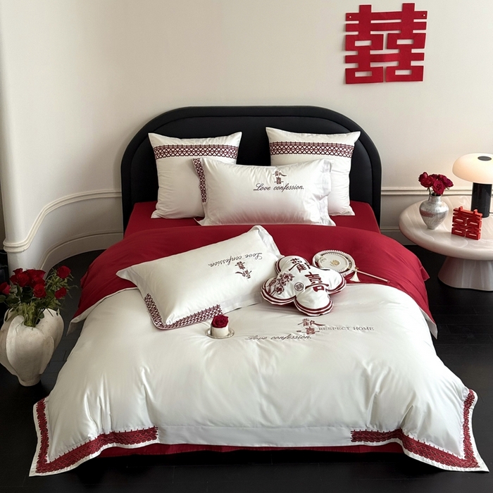 江涞 2025新款长绒棉纯棉镂空刺绣四件套-欢喜 欢喜-白