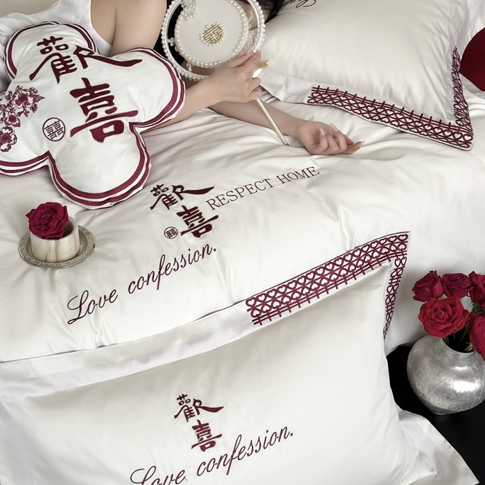 91家纺网 家纺一手货源 找家纺 江涞 2025新款长绒棉纯棉镂空刺绣四件套-欢喜 欢喜-白