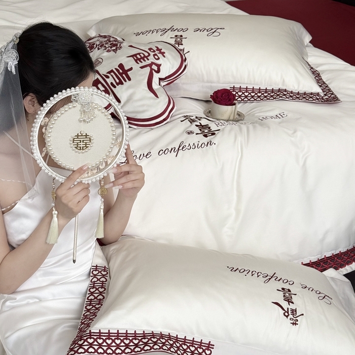 91家纺网 家纺一手货源 找家纺 江涞 2025新款长绒棉纯棉镂空刺绣四件套-欢喜 欢喜-白