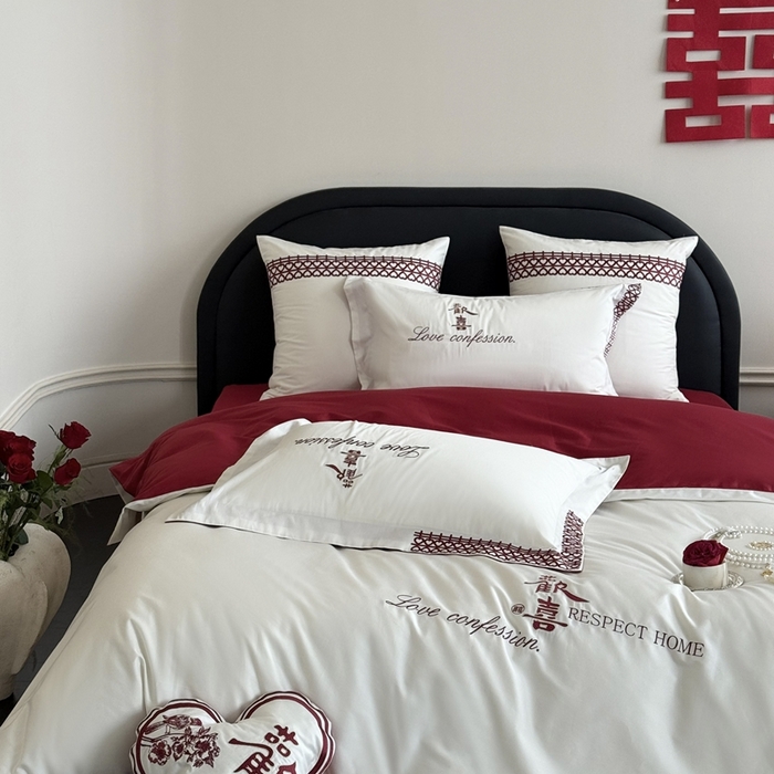 91家纺网 家纺一手货源 找家纺 江涞 2025新款长绒棉纯棉镂空刺绣四件套-欢喜 欢喜-白