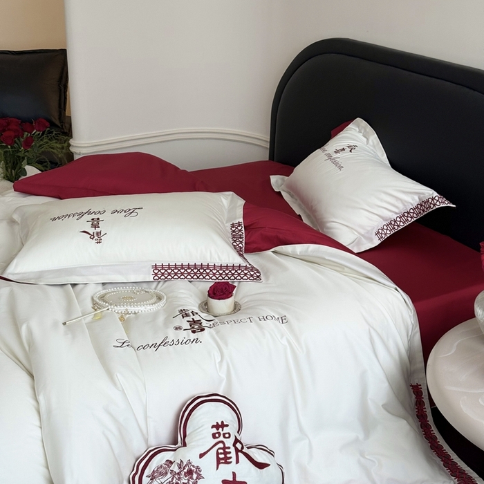 91家纺网 家纺一手货源 找家纺 江涞 2025新款长绒棉纯棉镂空刺绣四件套-欢喜 欢喜-白