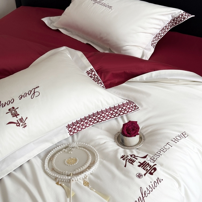 91家纺网 家纺一手货源 找家纺 江涞 2025新款长绒棉纯棉镂空刺绣四件套-欢喜 欢喜-白