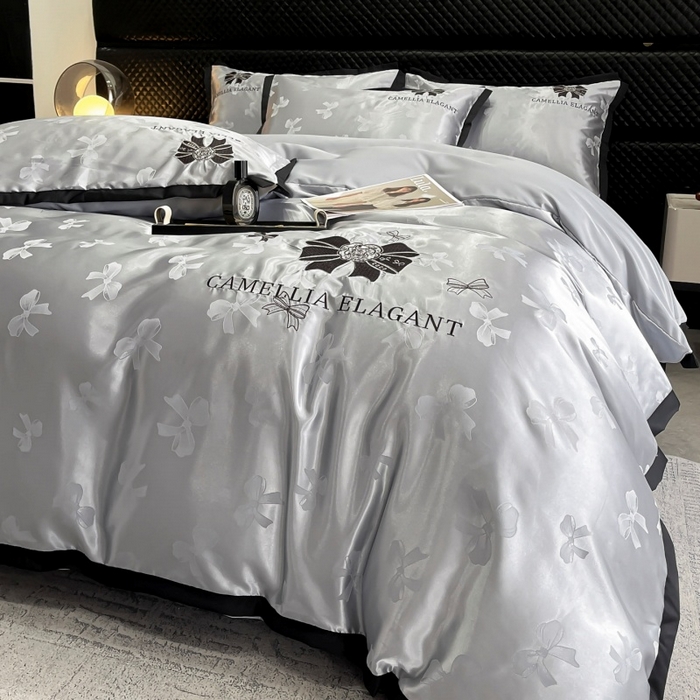 91家纺网 家纺一手货源 找家纺 金牛座家纺 2025新款贡缎提花磨毛亲肤棉刺绣四件套-蝴蝶结 蝴蝶结-浅灰