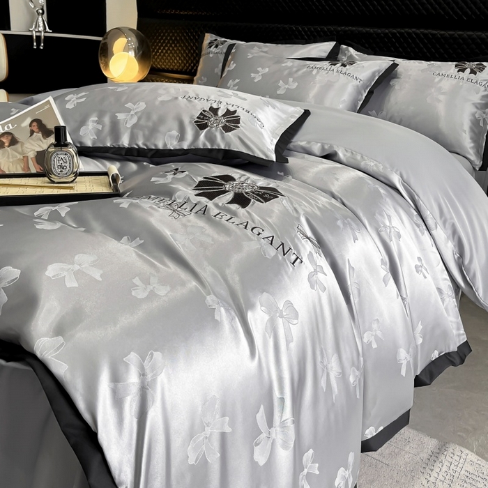 91家纺网 家纺一手货源 找家纺 金牛座家纺 2025新款贡缎提花磨毛亲肤棉刺绣四件套-蝴蝶结 蝴蝶结-浅灰