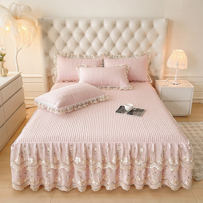 91家纺网 家纺一手货源 找家纺 予梦家纺 2025新款夹棉床裙单床裙单品床裙单件床裙-晨曦 晨曦-樱花粉