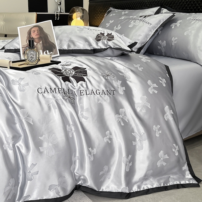 91家纺网 家纺一手货源 找家纺 金牛座家纺 2025新款贡缎提花磨毛亲肤棉刺绣四件套-蝴蝶结 蝴蝶结-浅灰