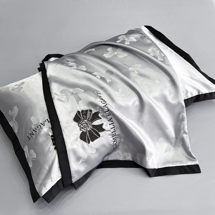 91家纺网 家纺一手货源 找家纺 金牛座家纺 2025新款贡缎提花磨毛亲肤棉刺绣四件套-蝴蝶结 蝴蝶结-浅灰