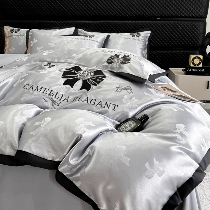 91家纺网 家纺一手货源 找家纺 金牛座家纺 2025新款贡缎提花磨毛亲肤棉刺绣四件套-蝴蝶结 蝴蝶结-浅灰