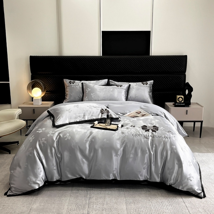 91家纺网 家纺一手货源 找家纺 金牛座家纺 2025新款贡缎提花磨毛亲肤棉刺绣四件套-蝴蝶结 蝴蝶结-浅灰