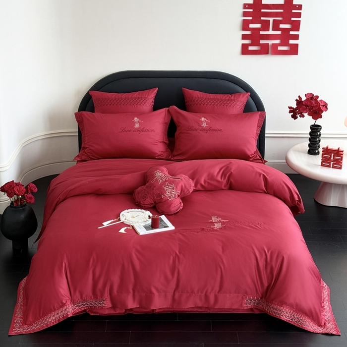 江涞 2025新款长绒棉纯棉镂空刺绣四件套-欢喜 欢喜-红
