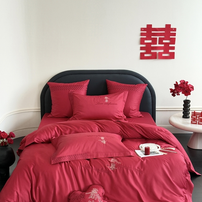 91家纺网 家纺一手货源 找家纺 江涞 2025新款长绒棉纯棉镂空刺绣四件套-欢喜 欢喜-红