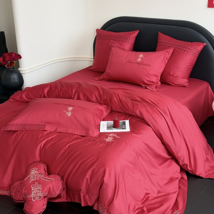 91家纺网 家纺一手货源 找家纺 江涞 2025新款长绒棉纯棉镂空刺绣四件套-欢喜 欢喜-红