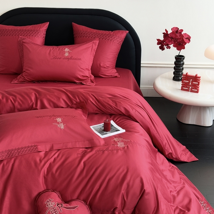 91家纺网 家纺一手货源 找家纺 江涞 2025新款长绒棉纯棉镂空刺绣四件套-欢喜 欢喜-红