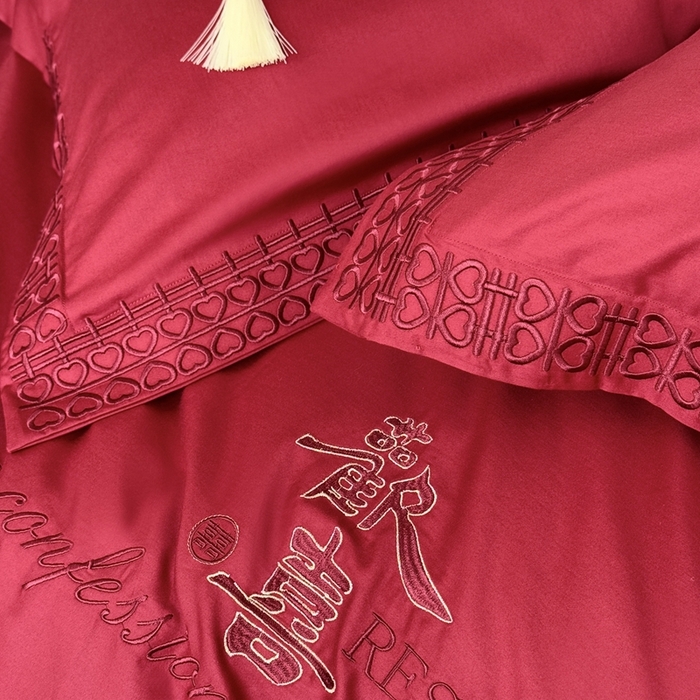 91家纺网 家纺一手货源 找家纺 江涞 2025新款长绒棉纯棉镂空刺绣四件套-欢喜 欢喜-红