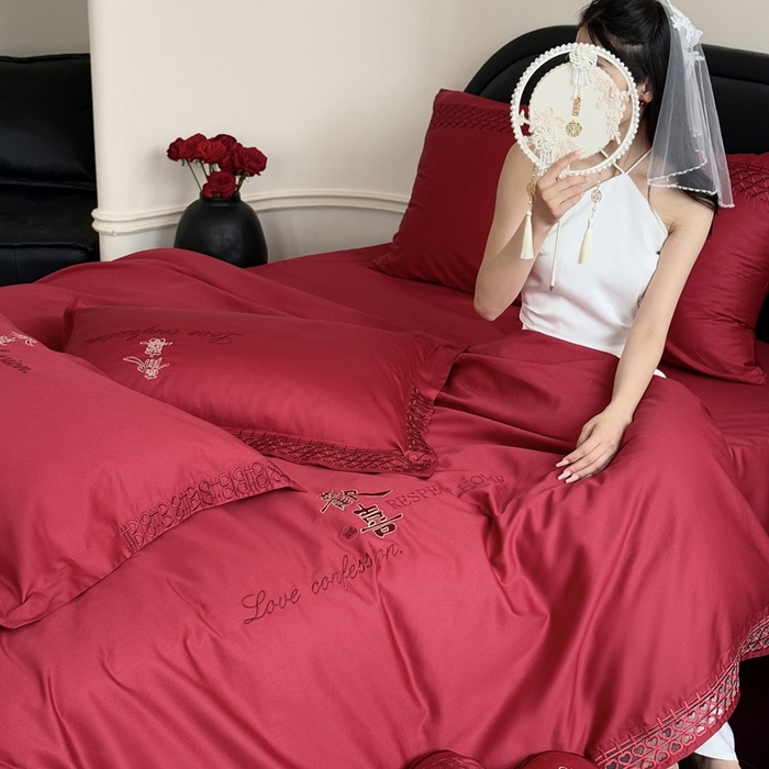 91家纺网 家纺一手货源 找家纺 江涞 2025新款长绒棉纯棉镂空刺绣四件套-欢喜 欢喜-红