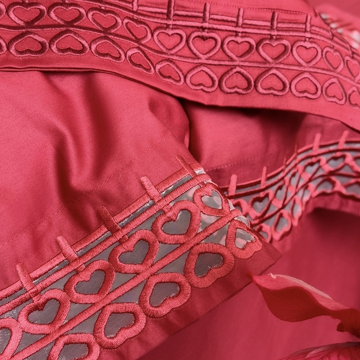 91家纺网 家纺一手货源 找家纺 江涞 2025新款长绒棉纯棉镂空刺绣四件套-欢喜 欢喜-红