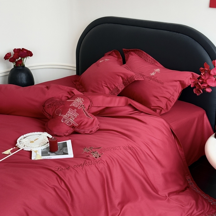 91家纺网 家纺一手货源 找家纺 江涞 2025新款长绒棉纯棉镂空刺绣四件套-欢喜 欢喜-红