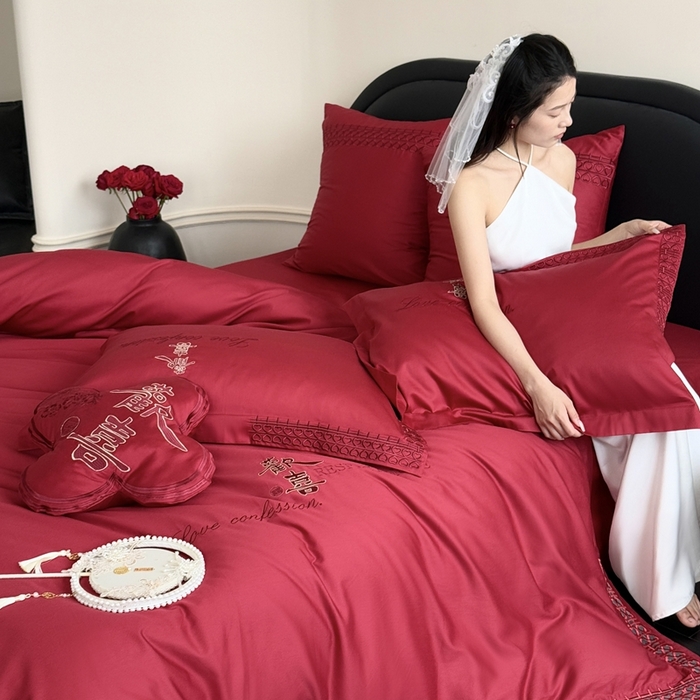 91家纺网 家纺一手货源 找家纺 江涞 2025新款长绒棉纯棉镂空刺绣四件套-欢喜 欢喜-红