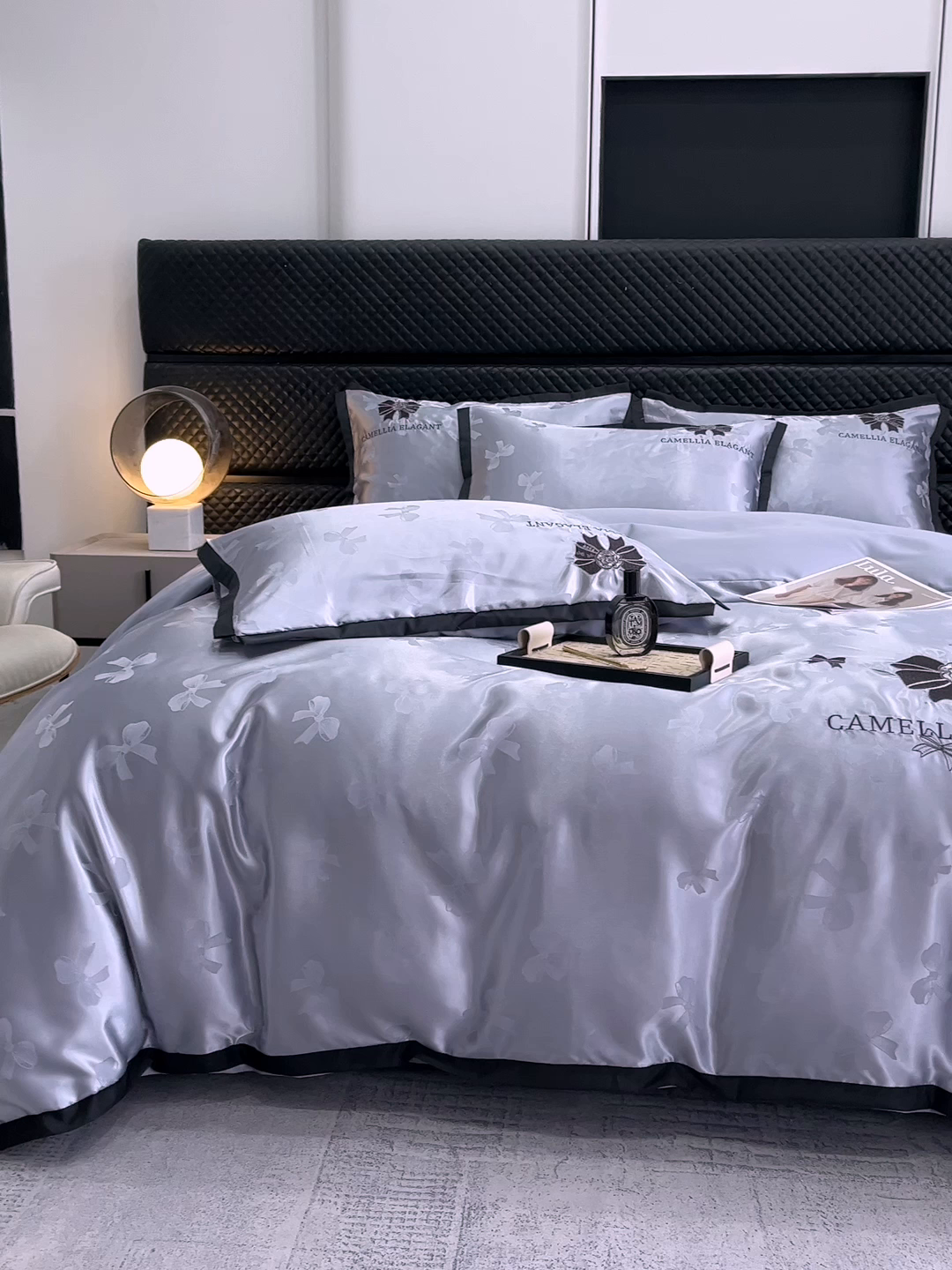 91家纺网 家纺一手货源 找家纺 金牛座家纺 2025新款贡缎提花磨毛亲肤棉刺绣四件套-蝴蝶结 蝴蝶结-浅灰