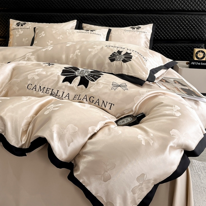 91家纺网 家纺一手货源 找家纺 金牛座家纺 2025新款贡缎提花磨毛亲肤棉刺绣四件套-蝴蝶结 蝴蝶结-香槟