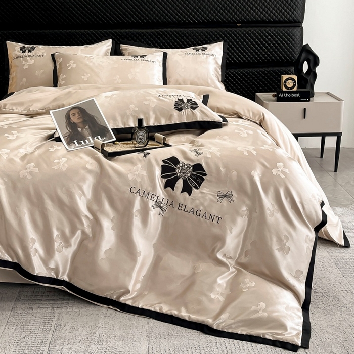 91家纺网 家纺一手货源 找家纺 金牛座家纺 2025新款贡缎提花磨毛亲肤棉刺绣四件套-蝴蝶结 蝴蝶结-香槟