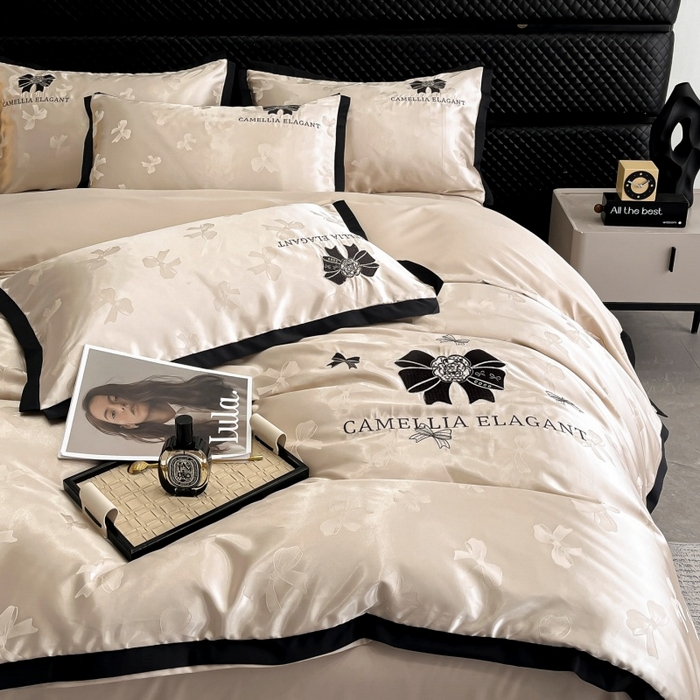 91家纺网 家纺一手货源 找家纺 金牛座家纺 2025新款贡缎提花磨毛亲肤棉刺绣四件套-蝴蝶结 蝴蝶结-香槟