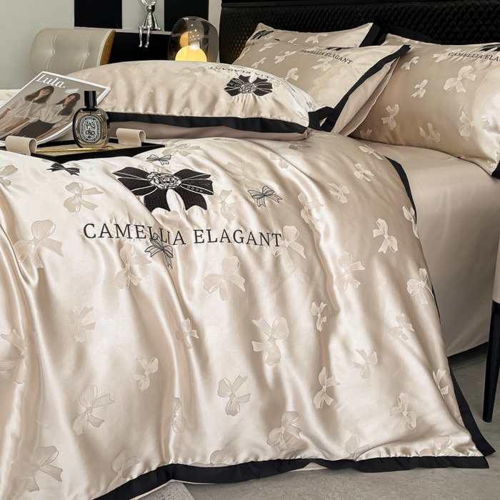 91家纺网 家纺一手货源 找家纺 金牛座家纺 2025新款贡缎提花磨毛亲肤棉刺绣四件套-蝴蝶结 蝴蝶结-香槟