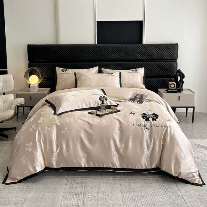 91家纺网 家纺一手货源 找家纺 金牛座家纺 2025新款贡缎提花磨毛亲肤棉刺绣四件套-蝴蝶结 蝴蝶结-香槟