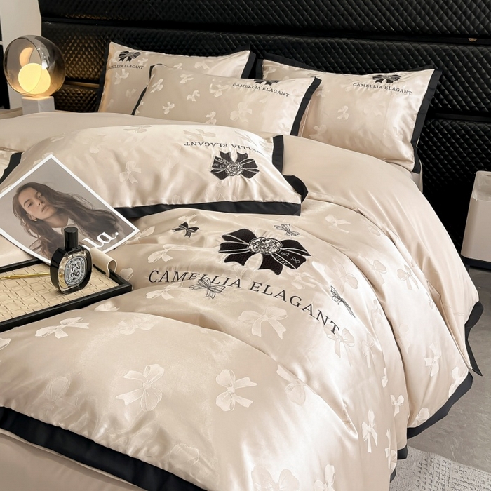 91家纺网 家纺一手货源 找家纺 金牛座家纺 2025新款贡缎提花磨毛亲肤棉刺绣四件套-蝴蝶结 蝴蝶结-香槟